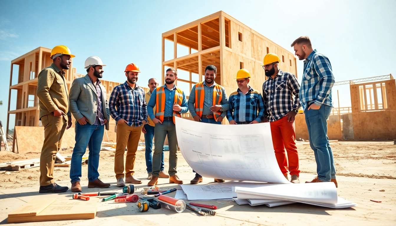 Actively collaborating team representing the southern california contractors association on a construction site.