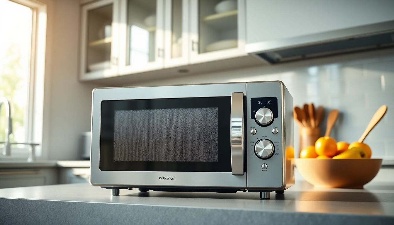Highlighting a contemporary microwave oven on a kitchen countertop with a sleek design.