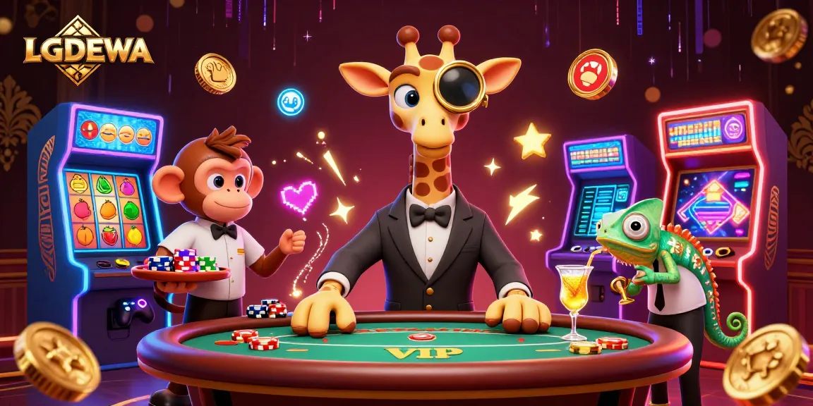 Experience thrilling gameplay with LGODEWA, a vibrant casino illustration showcasing lively animals at the gaming tables.