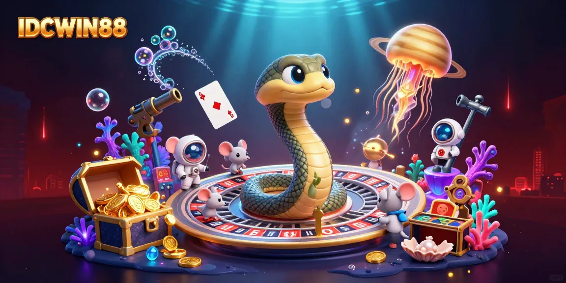 Engage with IDCWIN88's vibrant cosmic gaming scene featuring adventurous cartoon characters in a colorful online casino.