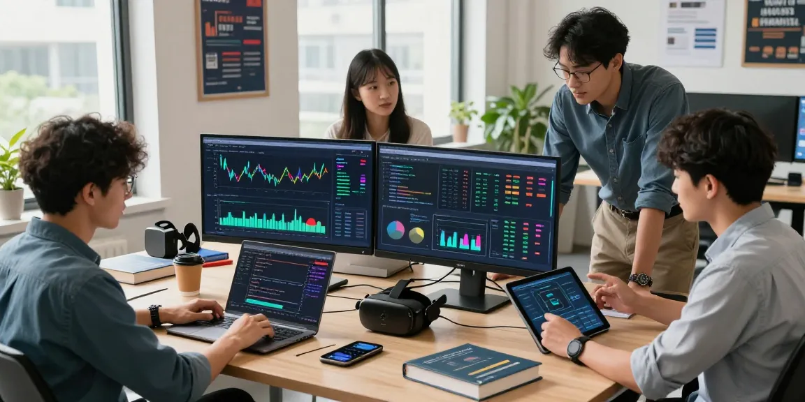 Team of developers working on historical Kline data API in a collaborative fintech workspace.