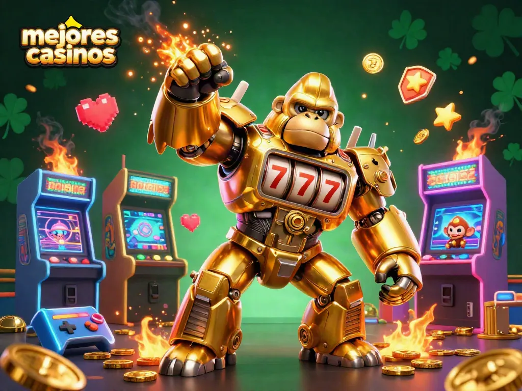 Conoce los mejores casinos mientras disfrutas de una ilustración vibrante y llena de detalles de un gorila mecánico transformador en un entorno de juego emocionante.