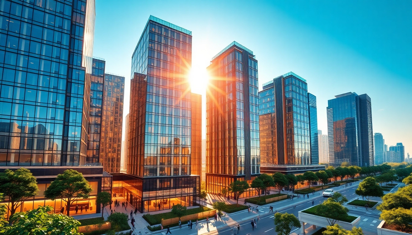 Showcase the Top properties developers with innovative architectural models in a vibrant urban setting.