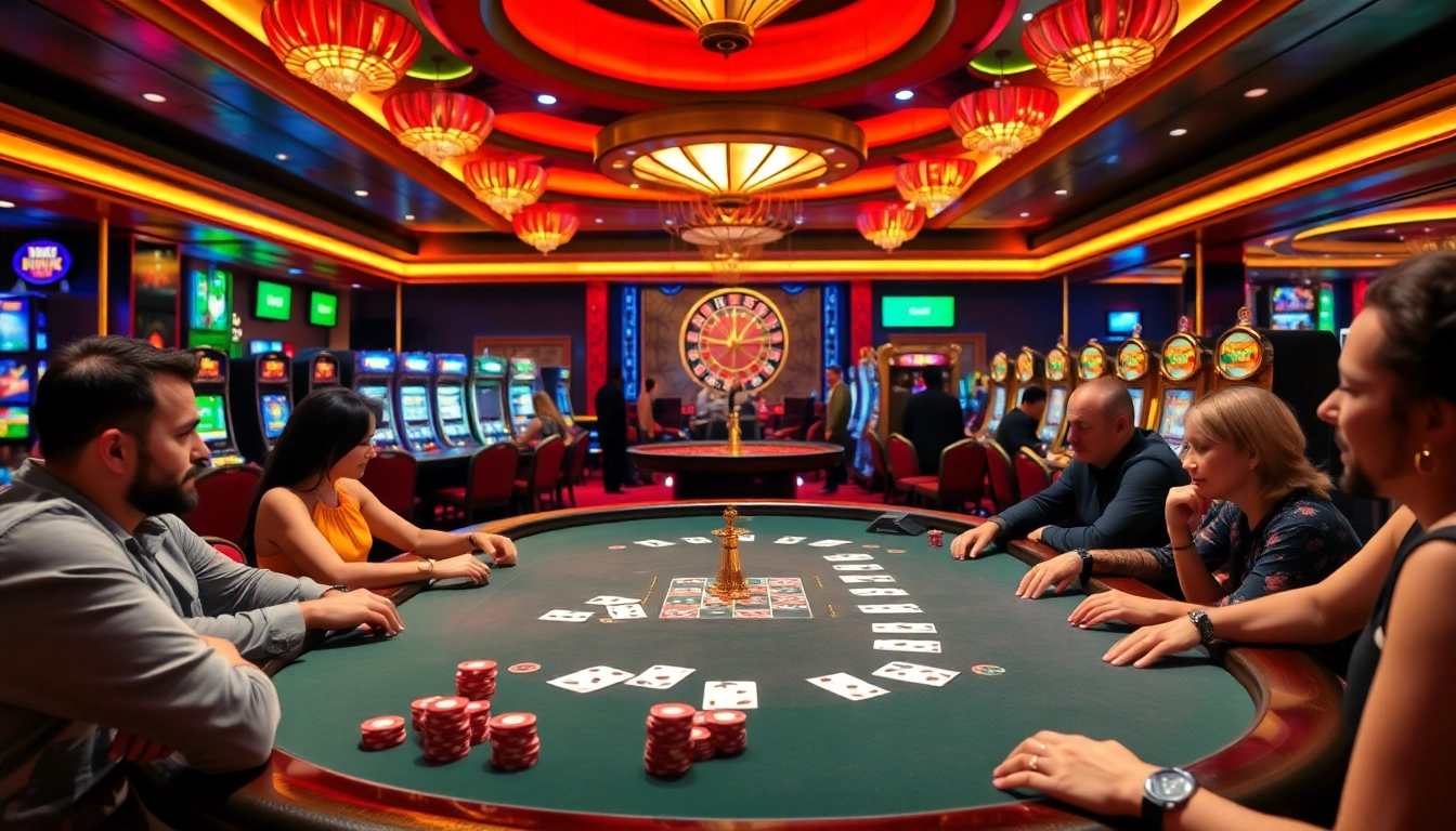 Gamblers enjoying poker chips and cards in a vibrant casino, cm88 experience of excitement.