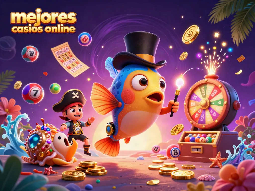 Disfruta de los mejores casinos online mientras un pez angler ilumina monedas doradas en esta ilustración vibrante.