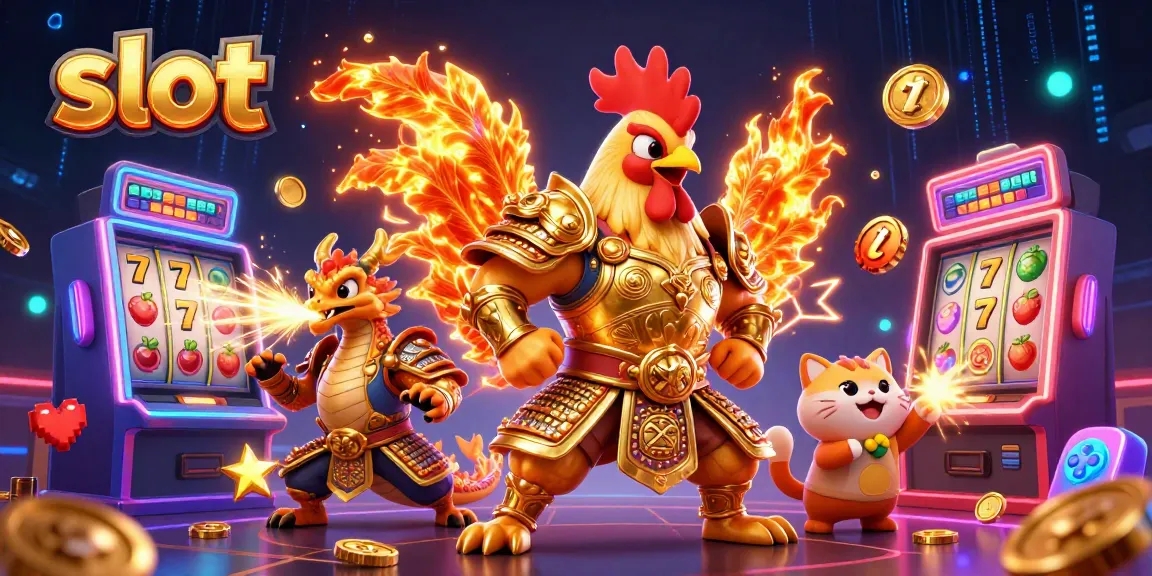 Slot mesin yang melibatkan karakter seekor ayam jantan pejuang dan naga, semua dalam suasana menghibur.