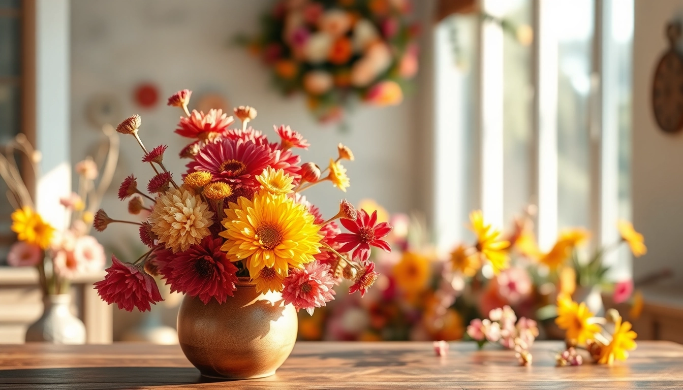 Dried Blooms beautifully arranged in a rustic vase on a wooden table.