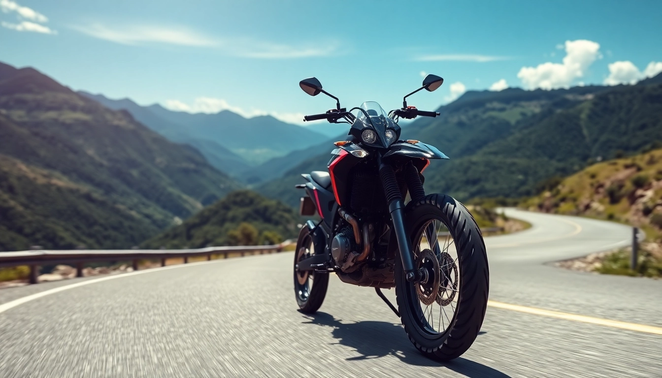 Action shot of a dual sport street legal motorcycle navigating a mountain road with vibrant scenery.
