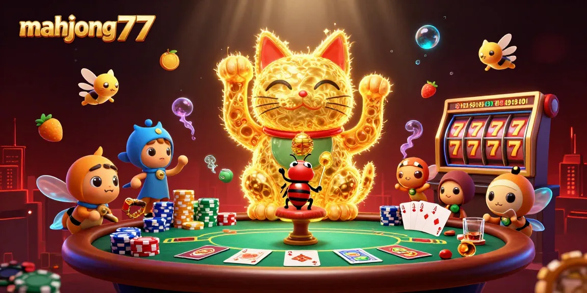 Engage with exciting mahjong777 gameplay illustrated with vibrant fireflies, casino symbols, and poker elements.