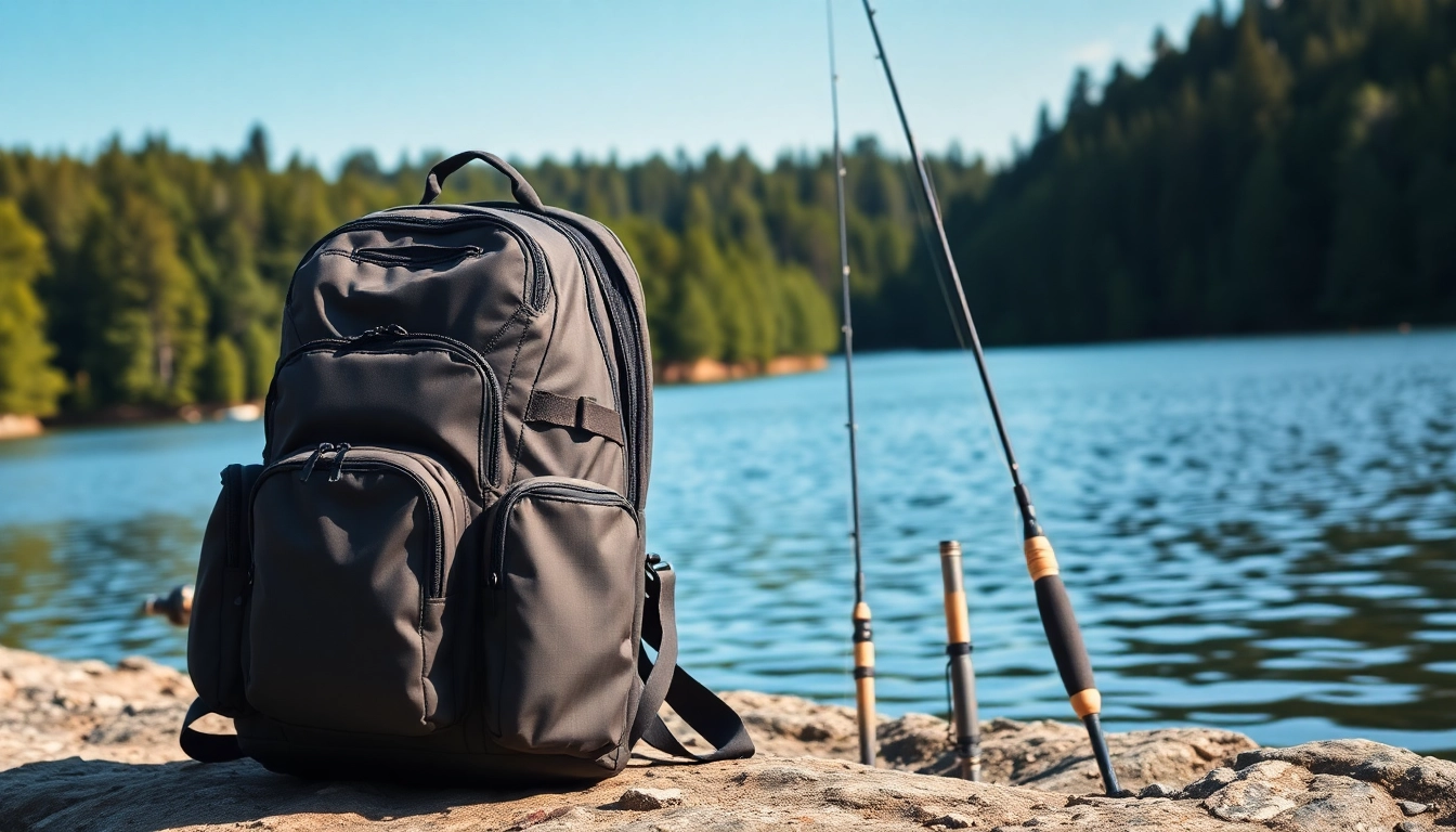 Fly fishing backpack showcased in a tranquil lakeside setting with fishing gear.
