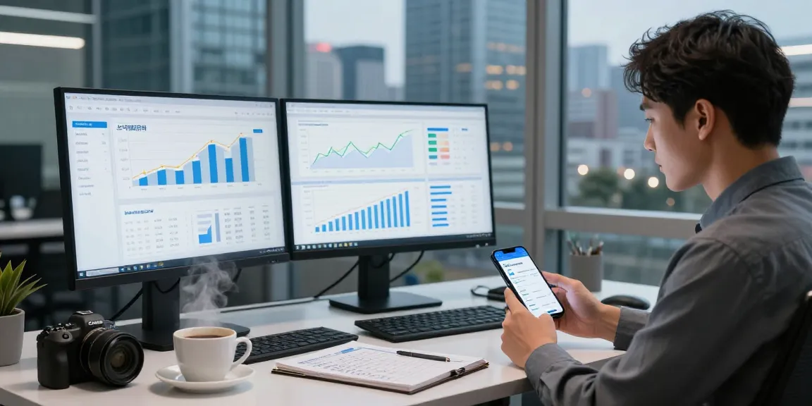 Finance professional analyzing 소액결제현금화 trends at a modern office desk with digital screens.