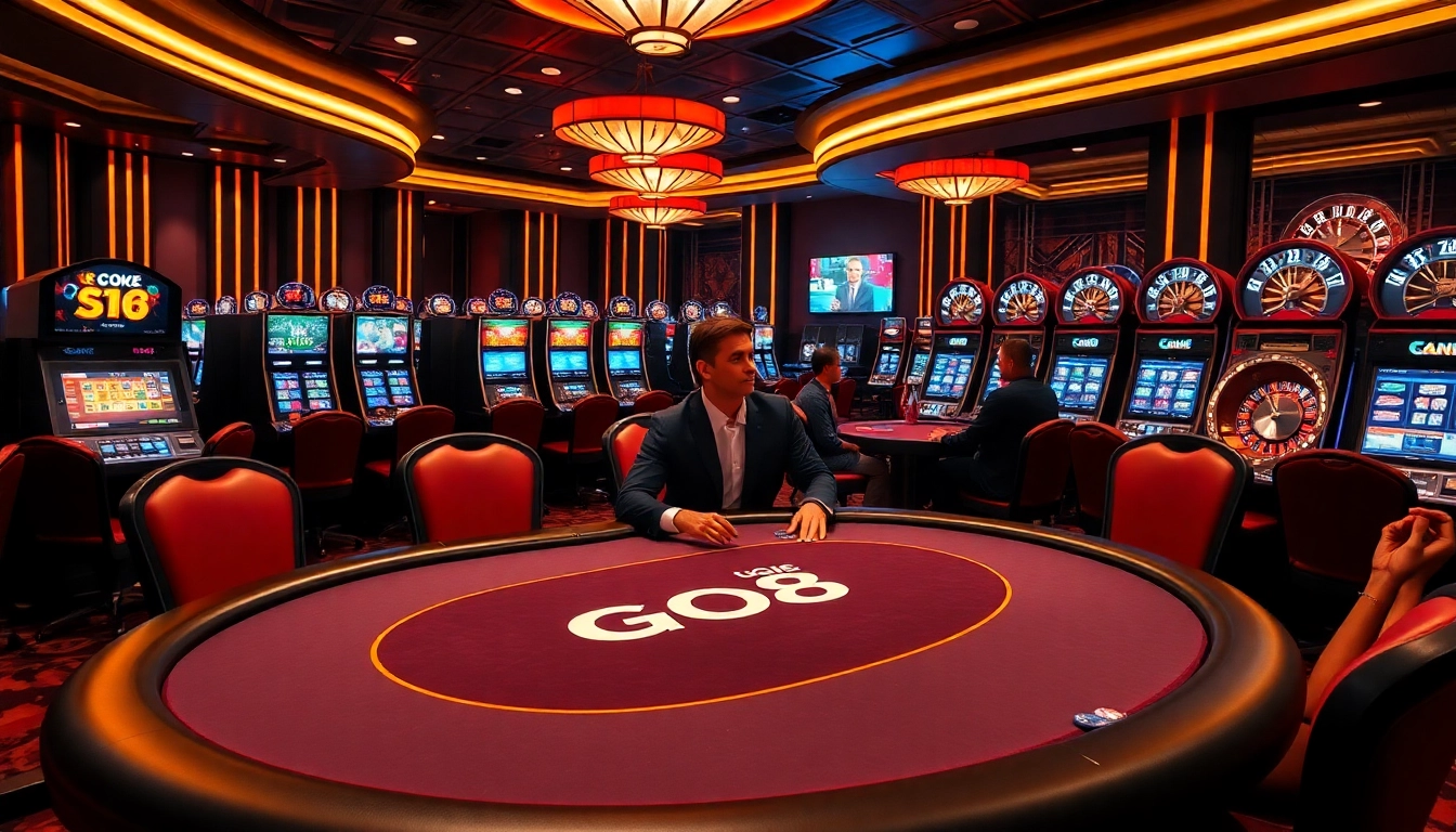 Players betting on GO8 poker tables in a luxurious casino setting.