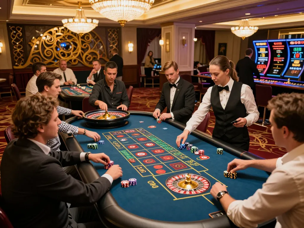 Pemain Toto Macau terlibat dengan penuh semangat di meja roulette dalam suasana kasino yang hidup.