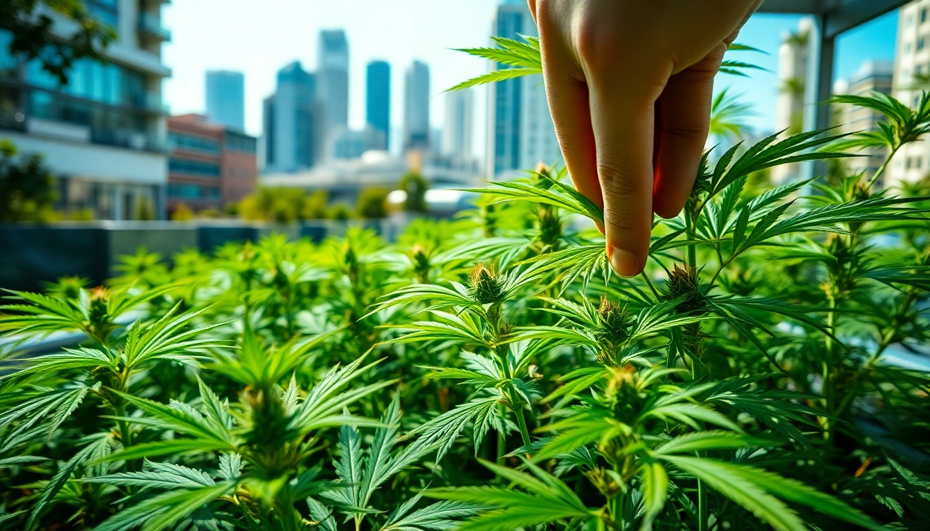 bluetenbande zeigt die gesunde Cannabis-Pflanze in einem urbanen Garten.