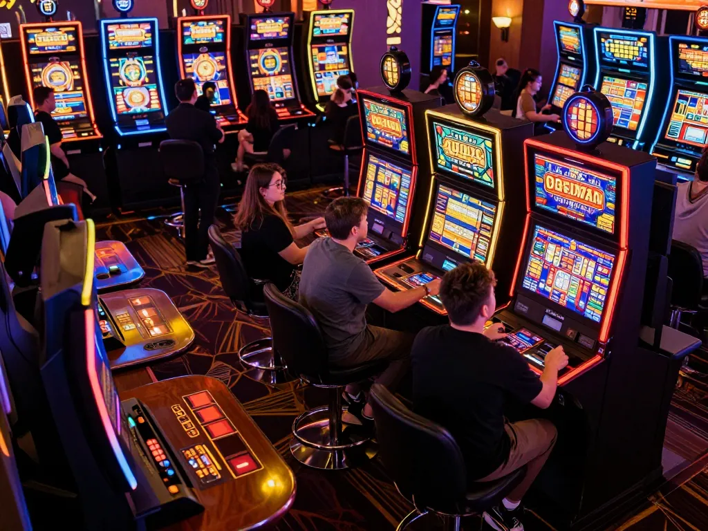 Players enjoy powernet slot machines amidst vibrant casino lights and lively atmosphere.