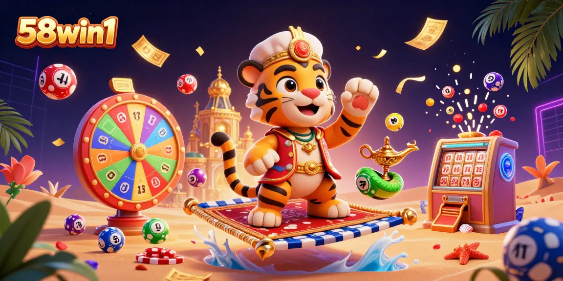 Engage with 58win1 in this vibrant 3D illustration featuring a festive gambling scene.