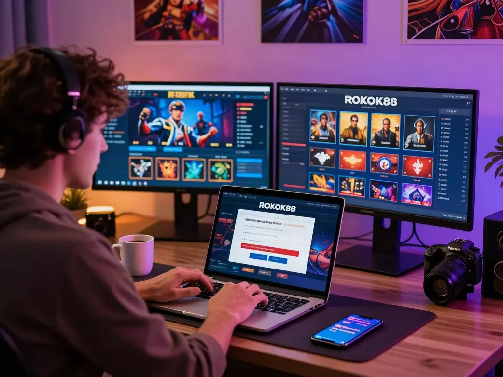Engaging ROKOK88 login interface on laptop in a vibrant home office.