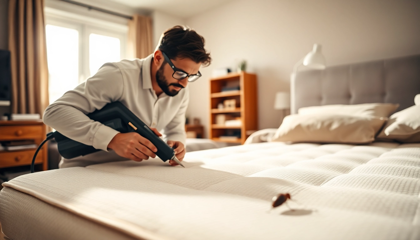 Executing effective bed bug pest control in a spotless bedroom with a trained exterminator.