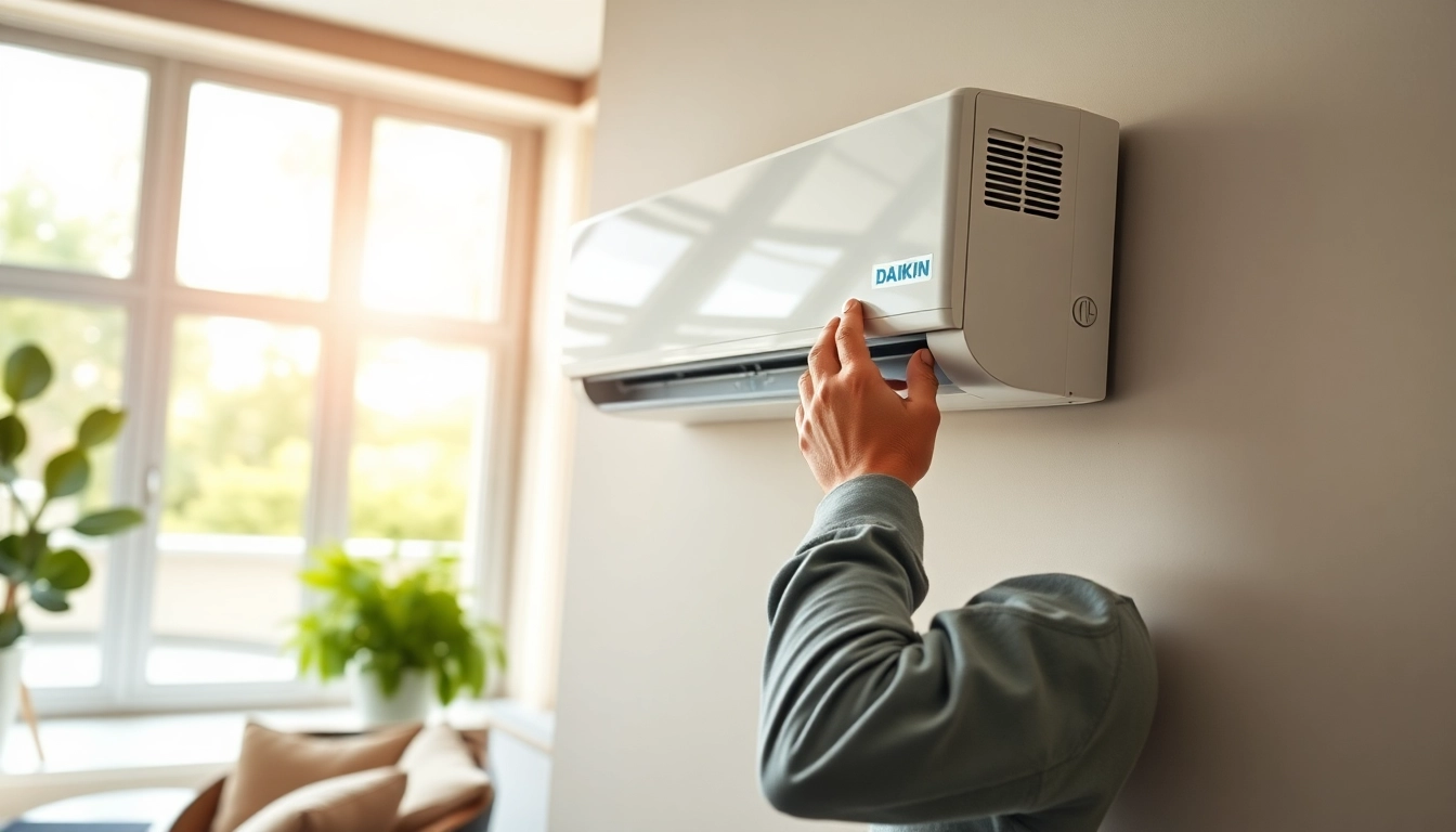 Showcasing the installation of a daikin mini split ac in a modern living room.