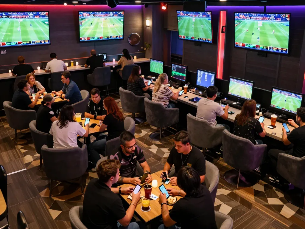 Sports betting action with fans reviewing odds and placing kèo nhà cái on mobile devices in a lively lounge