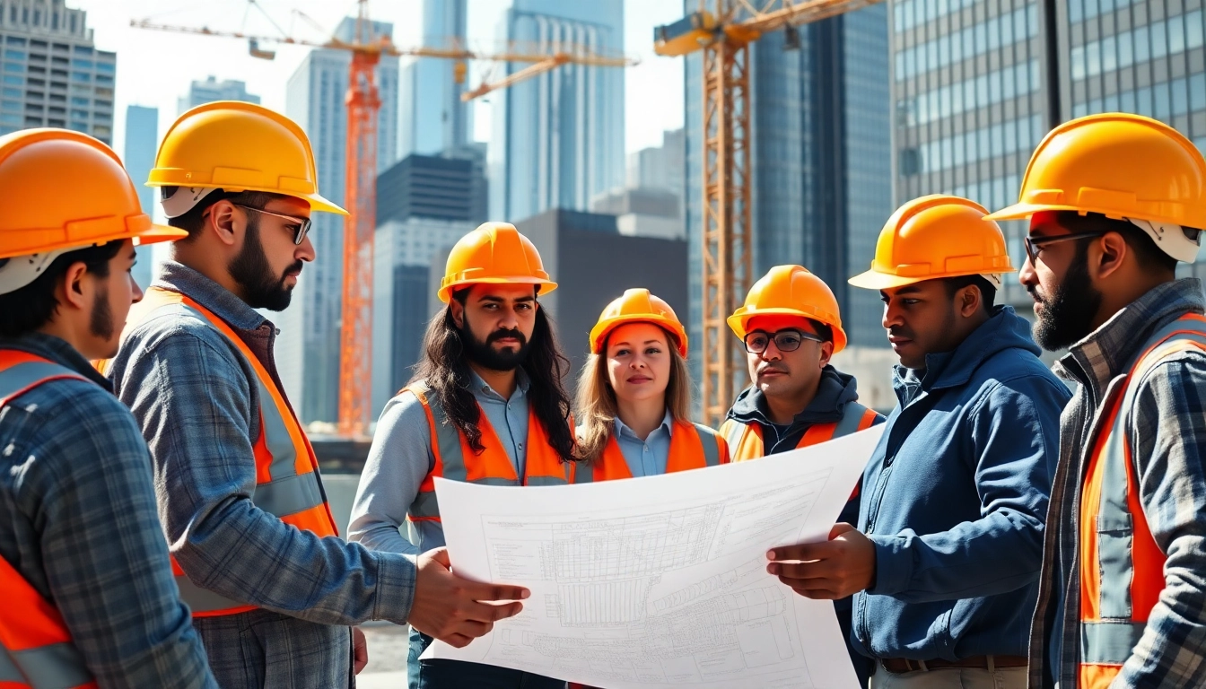 New York City General Contractor leading a project with a diverse team at an urban construction site.