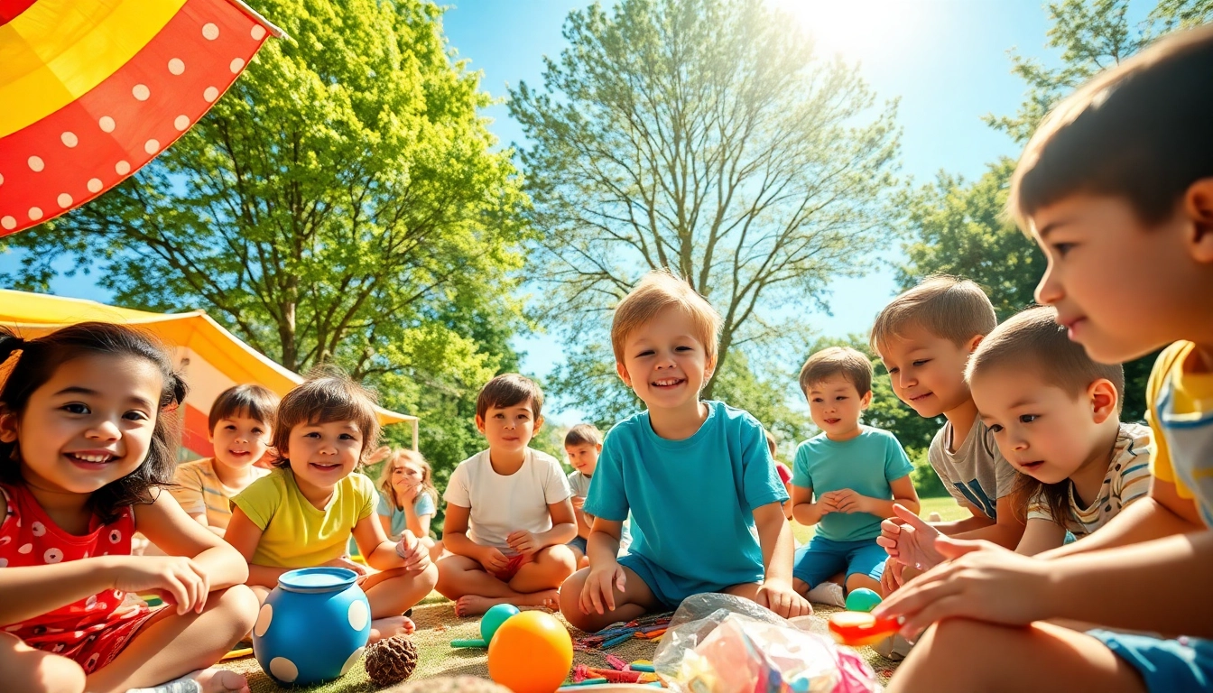 Children participating in activities at summer childrens camp, playing games, and making crafts.