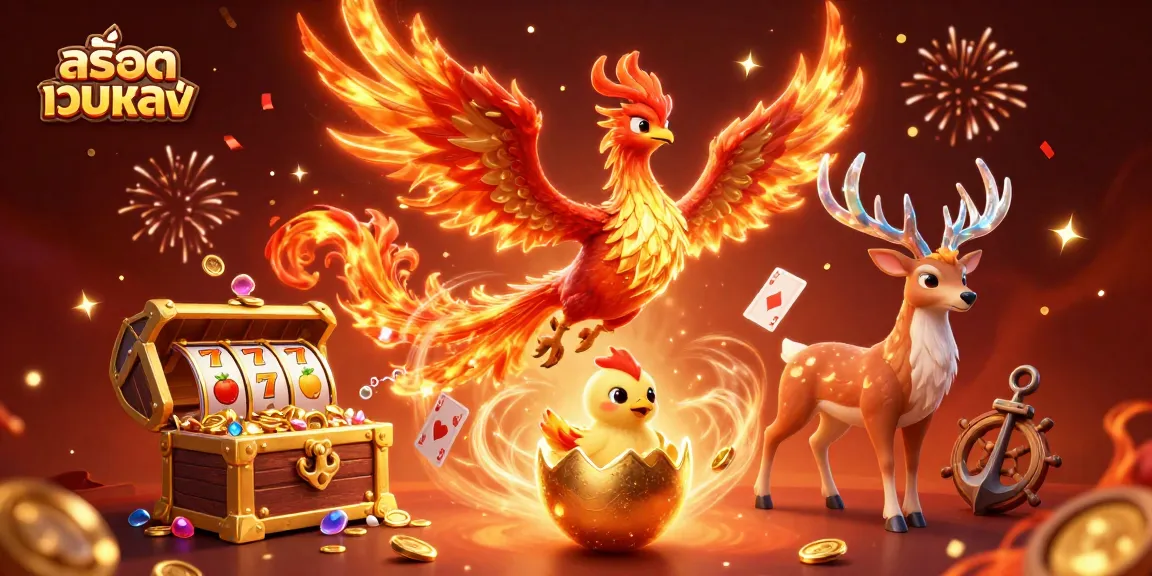 Engage in สล็อตเว็บตรง gaming with lively 3D phoenix and slot machines amidst dynamic casino elements.