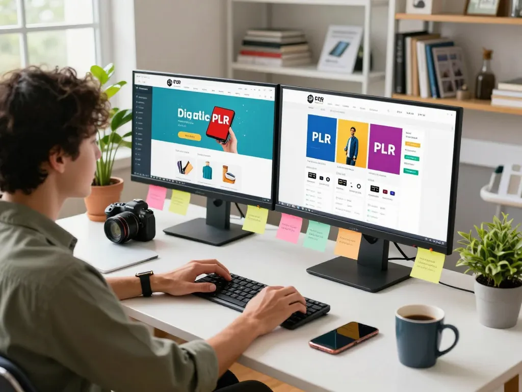 Buy PLR Products Online at a vibrant e-commerce workspace with dual monitors showcasing product selections.