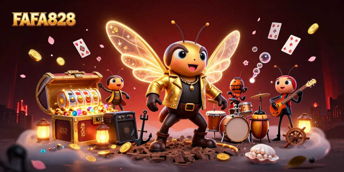 Engage in thrilling gaming action with FAFA828's vibrant 3D casino illustration featuring a rock star cicada and dynamic game elements.