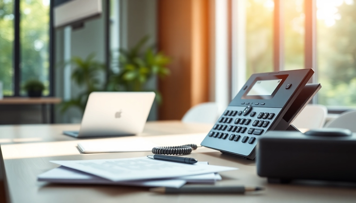 Showcase of a small business phone service setup with a VoIP phone and modern office elements.
