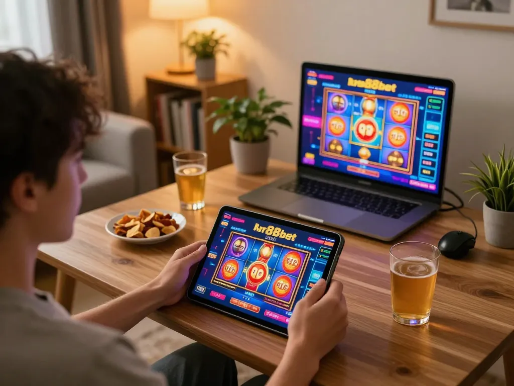 Player engaging in rr88bet casino games on a tablet, surrounded by a cozy gaming setup at home