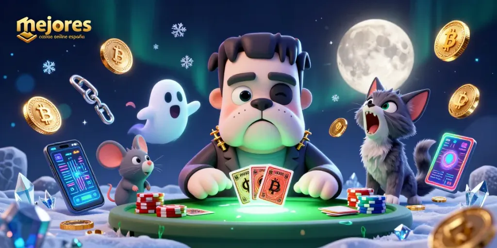 Jugando en los mejores casinos online en España con una divertida escena de monstruos y elementos de juego.