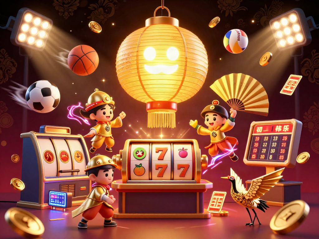 Experience situs slot excitement with a vibrant casino scene featuring golden lantern spirit and dynamic sports elements.