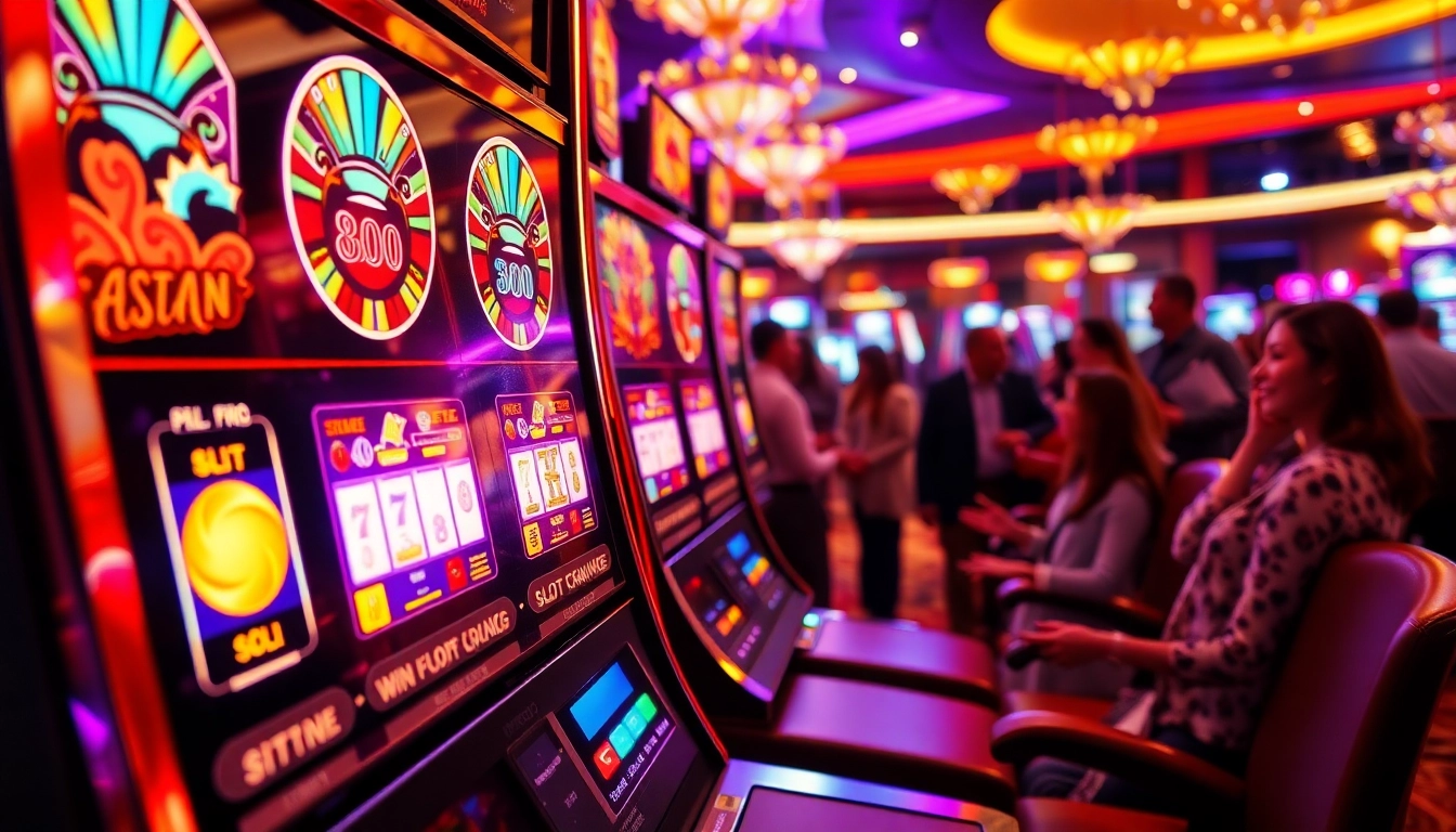 Menguji mesin slot gacor dengan latar belakang kasino yang ramai dan bermain.