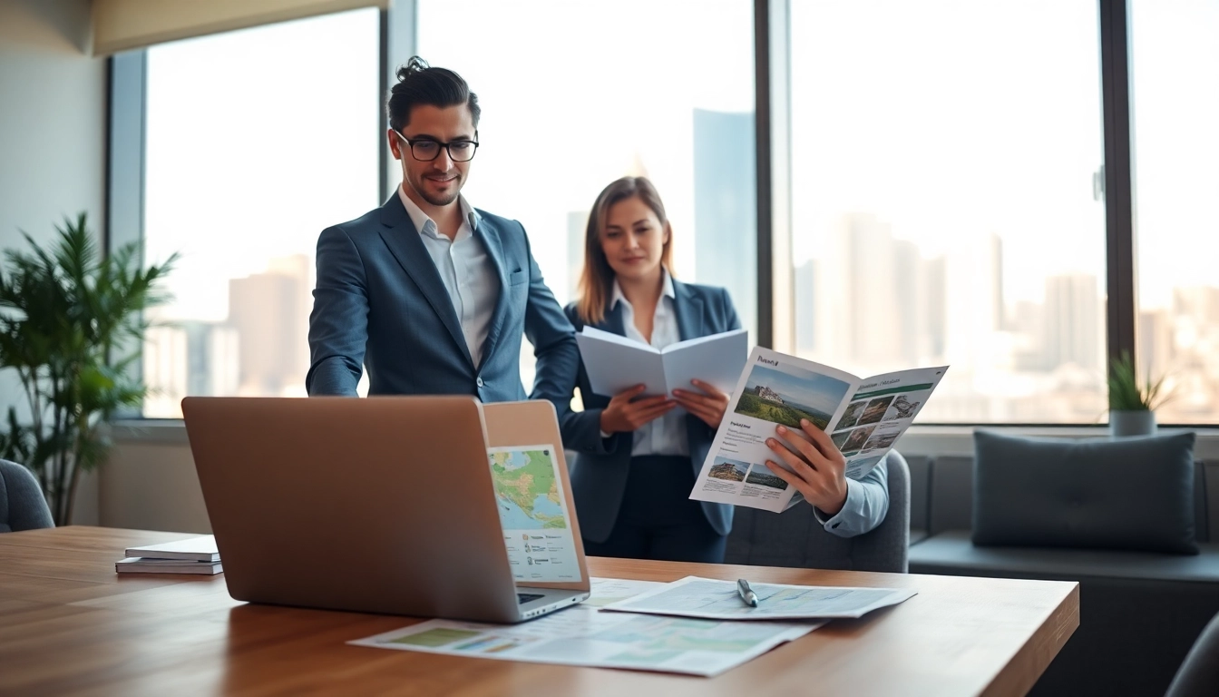 Real Estate agent engaging with clients in a modern office showcasing properties digitally.