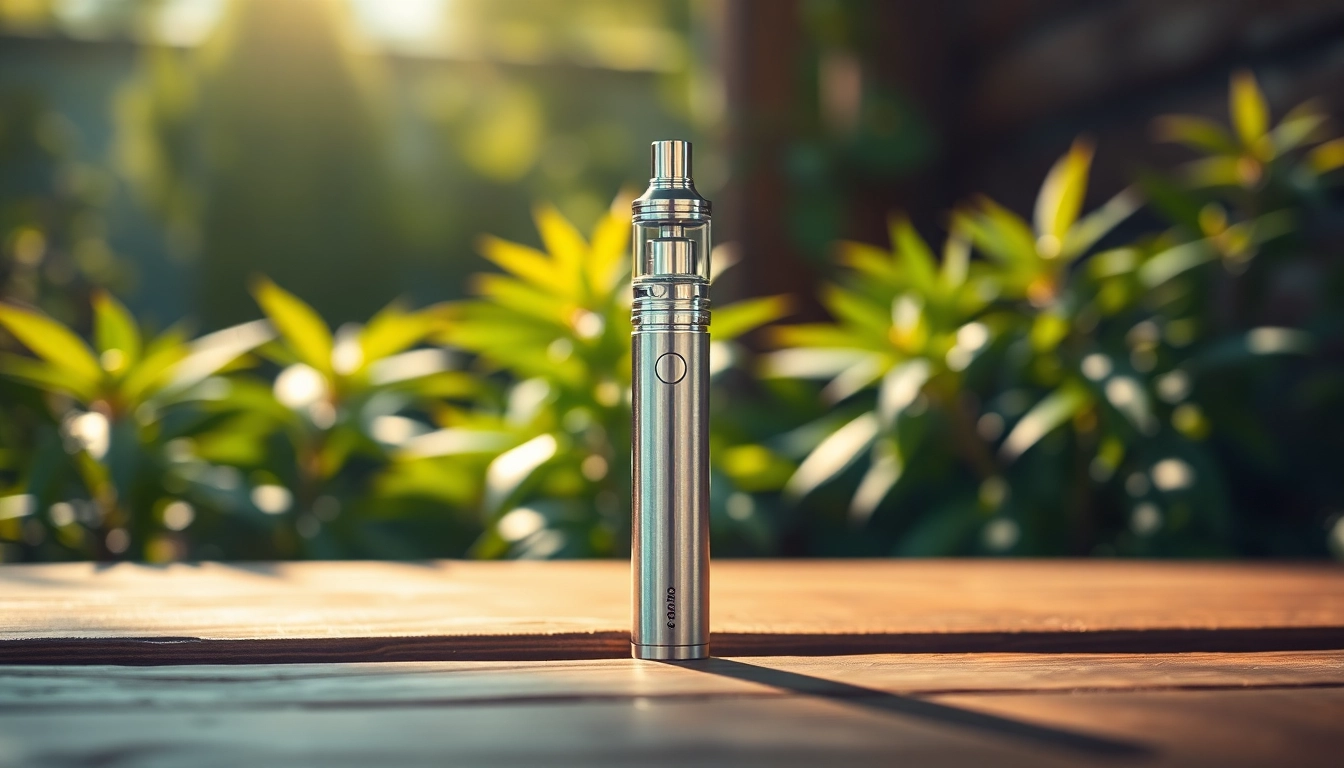 Showcasing a sleek Vape Pen on a wooden table amidst greenery, enhancing its elegant design.