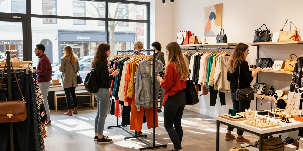 Shopping experience at https://forumup.org/shop/search.php?ca_id=&addr1=&addr2=&addr3=&schKeyword= with stylish shopper browsing colorful clothing.