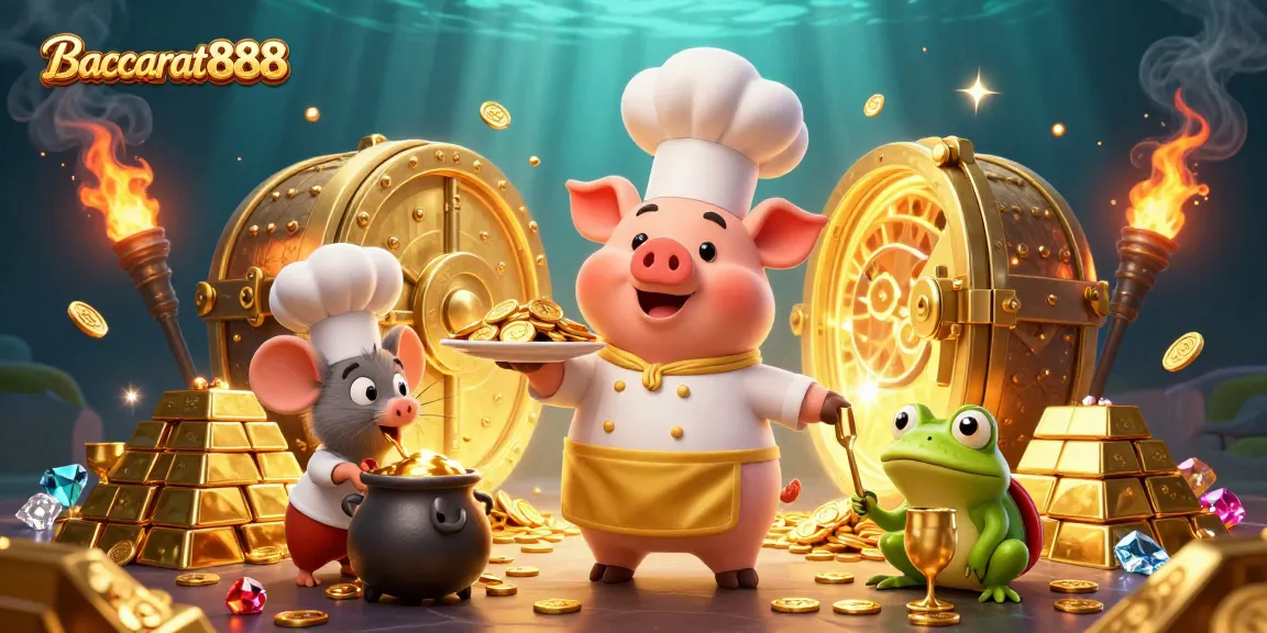 Experience Baccarat888 with a vibrant chef pig and stunning treasures in this engaging casino illustration.