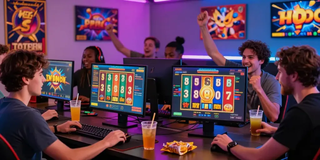 Permainan slot777 yang menarik dengan teman-teman merayakan kemenangan di platform slot online.