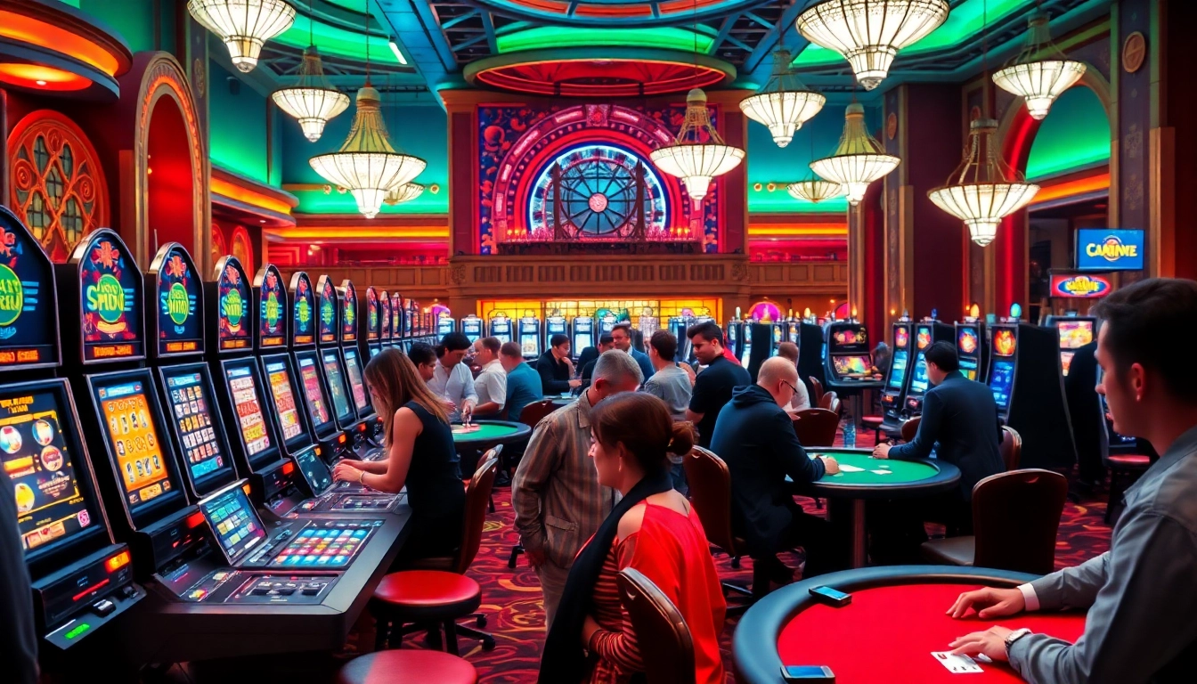 Spielen Sie spannende casino-spiele de in einem lebhaften Casino mit Neonlichtern.