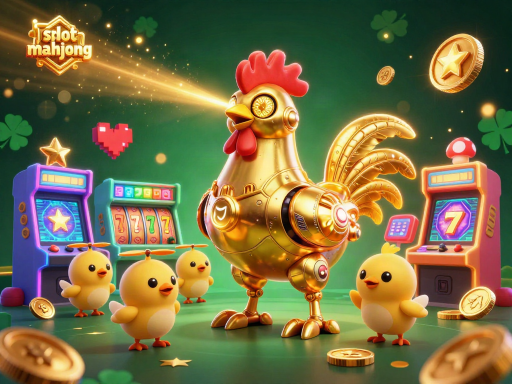 Engage with the vibrant slot mahjong scene featuring a golden robot and playful chick drones amidst dazzling casino elements.