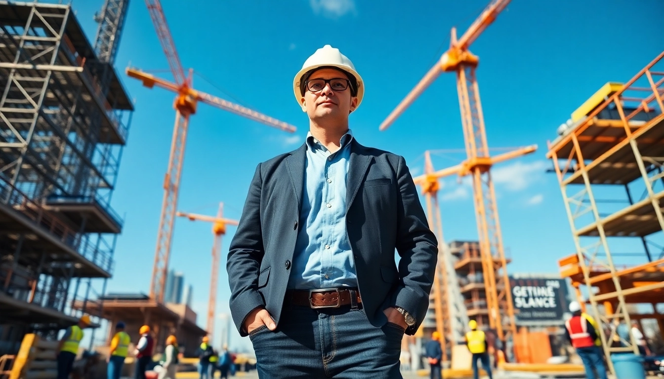 Manhattan Construction Manager overseeing a lively construction site with a clear blue sky.