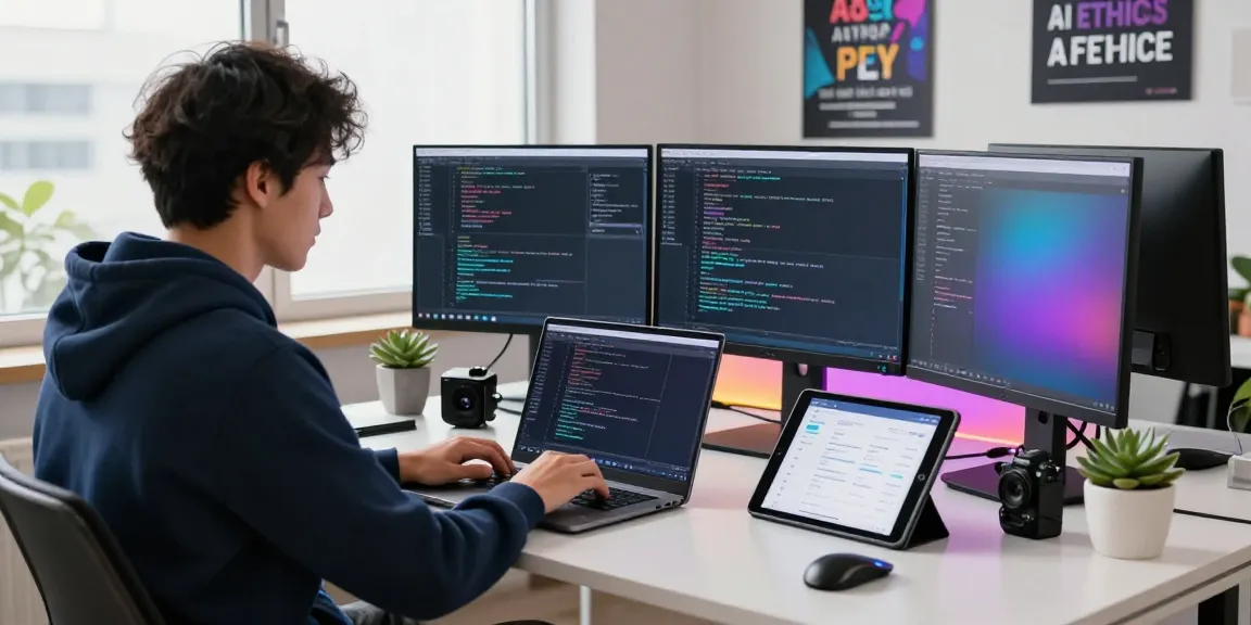 Developer focusing on crushonai in a modern tech workspace with innovative designs and coding elements.