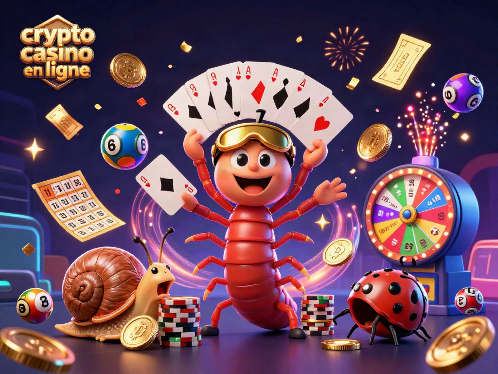 Jouez dans un casino crypto en ligne avec un dealer unique et des éléments de jeu festifs en arrière-plan.