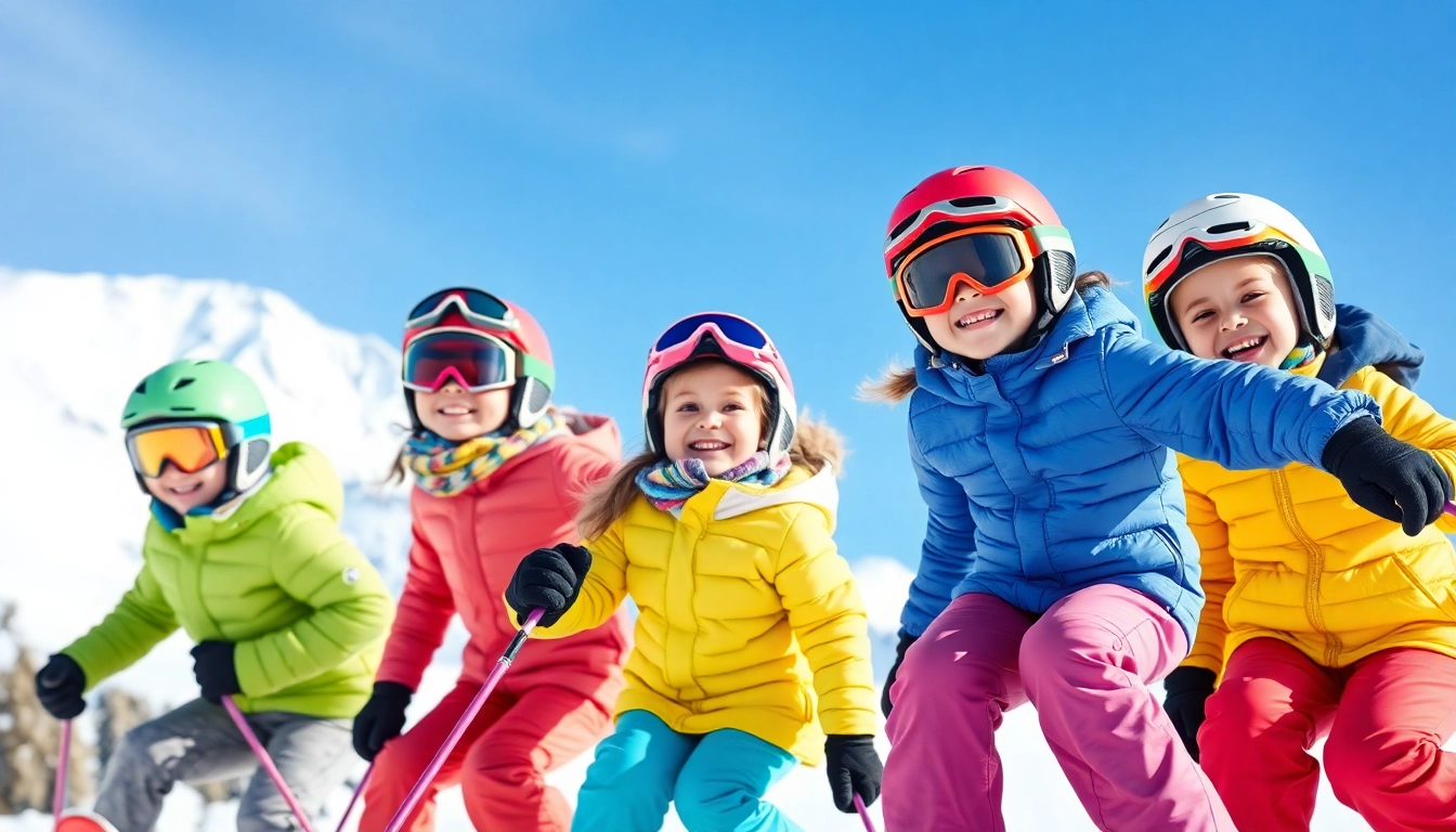 Kids enjoying the ski lease program Massachusetts, bonding over skiing and adventure in the snowy mountains.