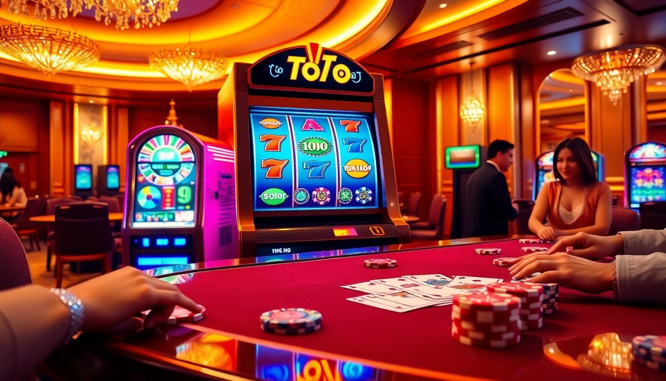 Excited gamblers playing the vibrant toto slot machine in a luxurious casino setting.