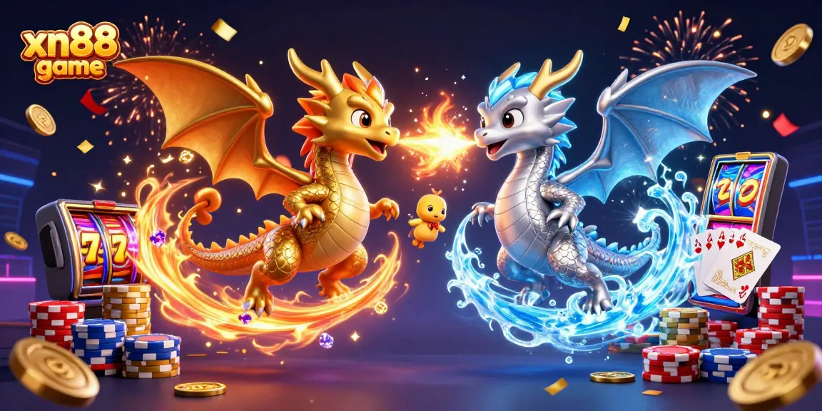 Experience the excitement of the xn88 game with vibrant dragons, slot machines, and casino elements.