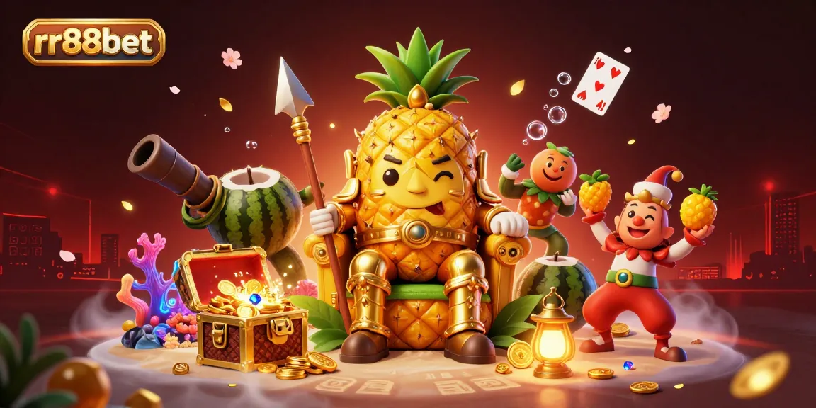 Experience thrilling jackpots and casino fun with rr88bet's vibrant illustration featuring a pineapple king and playful elements.