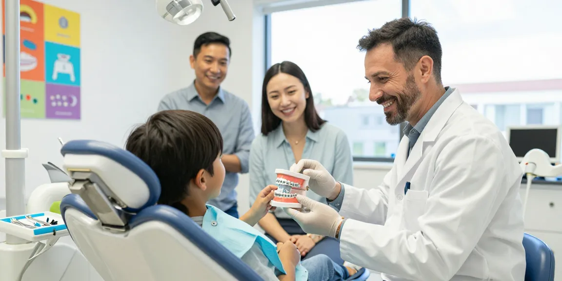 Early orthodontic care with Child and orthodontist discussing Adult orthodontics Hawthorn benefits in a welcoming clinic.