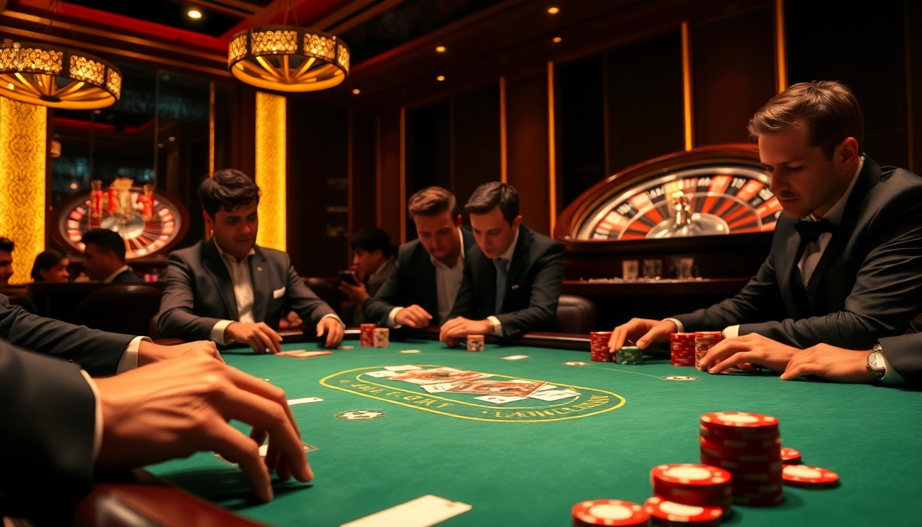Engage in high-stakes poker at https://kk55.global/ with intense players and vibrant chips on a luxurious table.